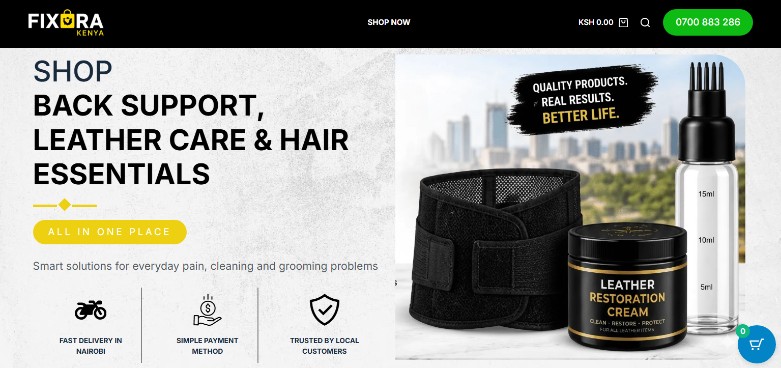 FixOra Kenya homepage — back support, leather care, and hair essentials landing page