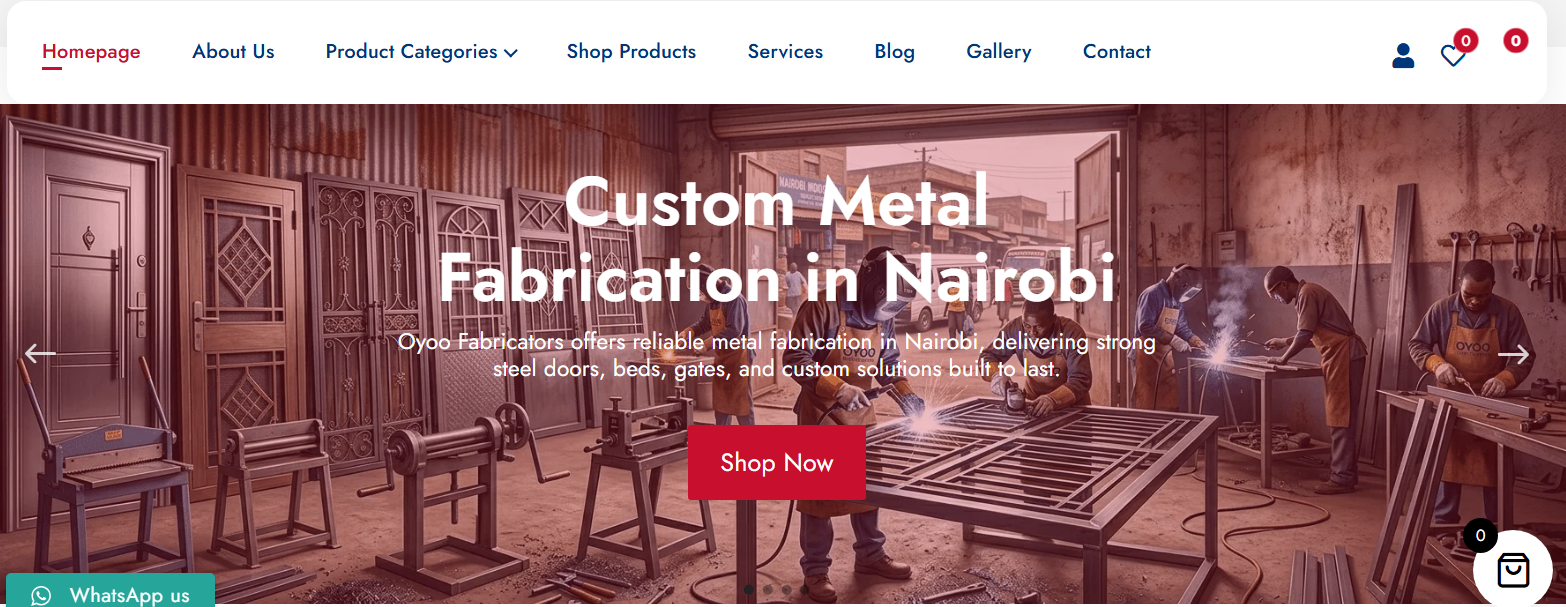 Oyoo Fabricators homepage — custom metal fabrication e-commerce site